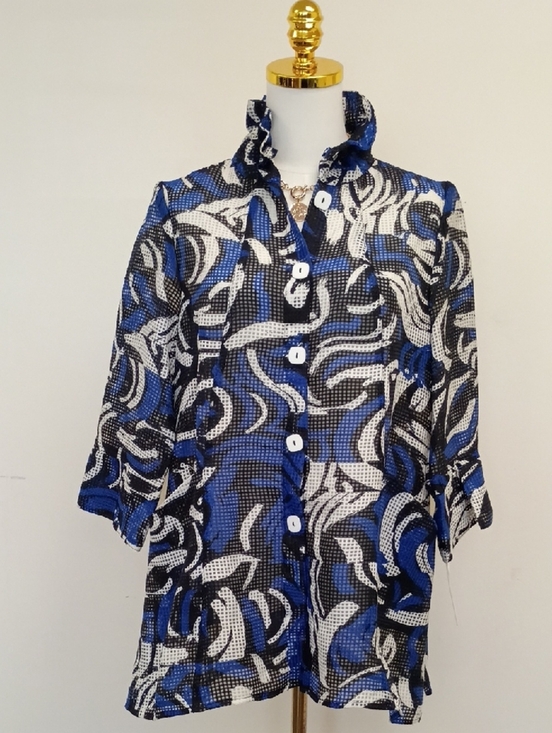 IC By Connie K Tops - IC By Connie K Ruffle Blouse Blue Black Print Size Small NWT